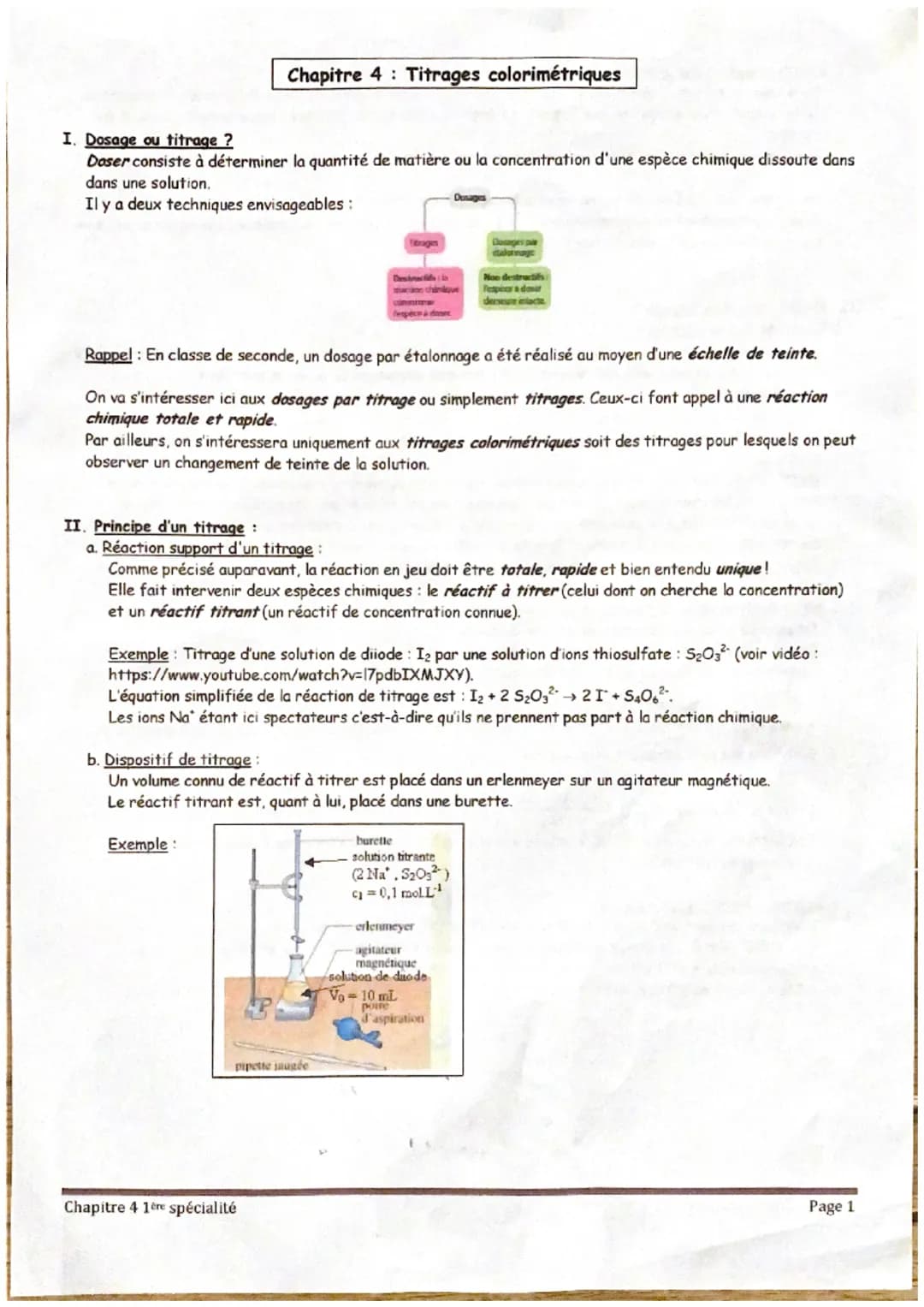 I. Dosage ou titrage ?
Doser consiste à déterminer la quantité de matière ou la concentration d'une espèce chimique dissoute dans
dans une s