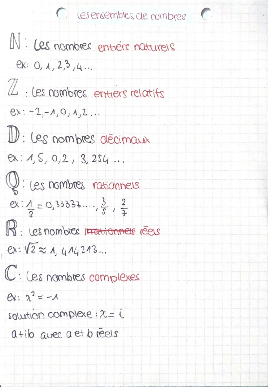Les ensembles de nombres
N: Les nombres entière naturels
ex: 0, 1, 2, 3, 4...
Z: les nombres entiers relatifs
ex: -2,-1,0,1,2 ...
D: Les nom