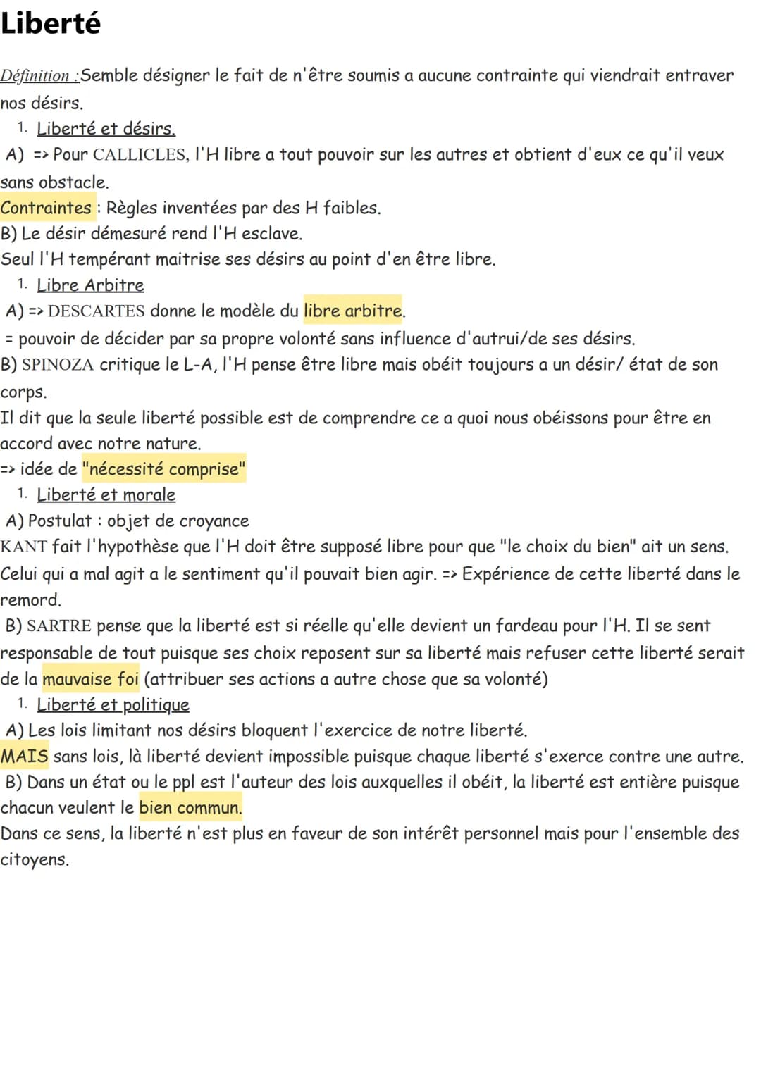 Liberté
Définition :Semble désigner le fait de n'être soumis a aucune contrainte qui viendrait entraver
nos désirs.
1. Liberté et désirs.
A)