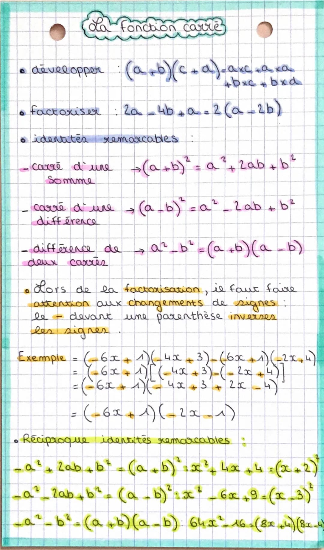 ola Fonction carre
• développer (a+b)(c_a)_axc.
: 2a-4b+ a = 2(a-2b)
taxa
+bxc+ bxd
Factoriser : 2a-4b
identites remarcables:
carré d'une
So