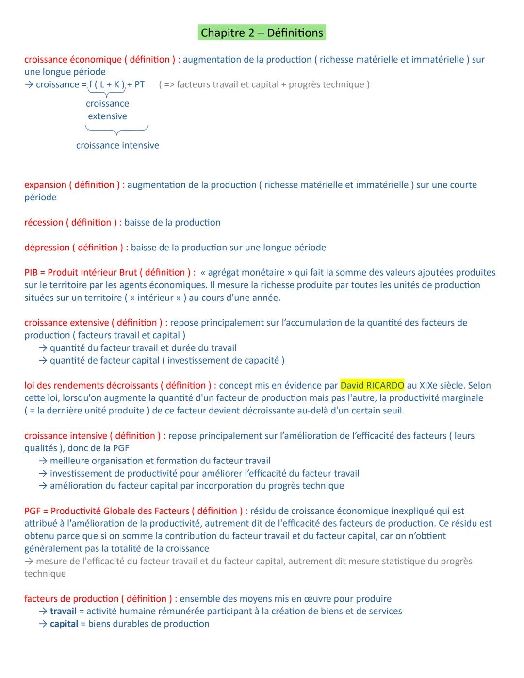 Chapitre 2 - Définitions
croissance économique (définition): augmentation de la production ( richesse matérielle et immatérielle) sur
une lo