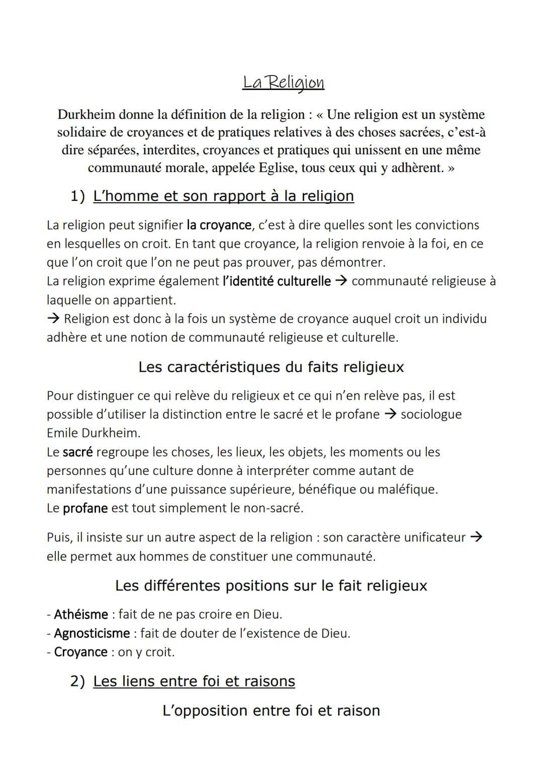 La Religion
Durkheim donne la définition de la religion : « Une religion est un système
solidaire de croyances et de pratiques relatives à d