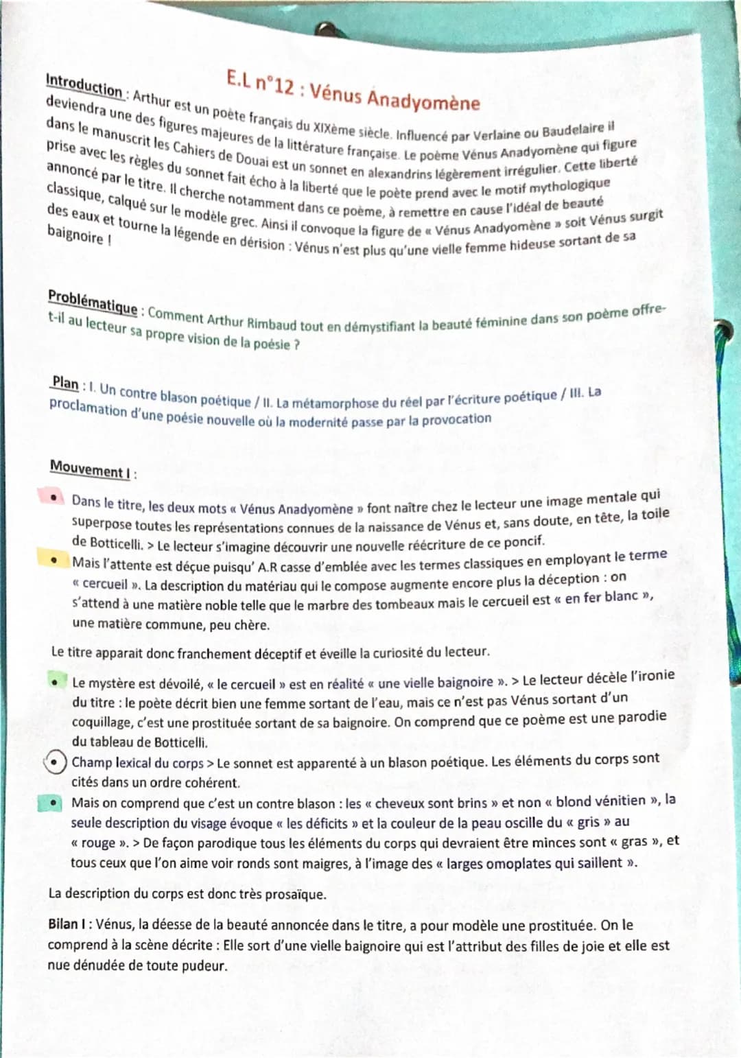 E.L n°12: Vénus Anadyomène
Introduction: Arthur est un poète français du XIXème siècle. Influencé par Verlaine ou Baudelaire il
deviendra un