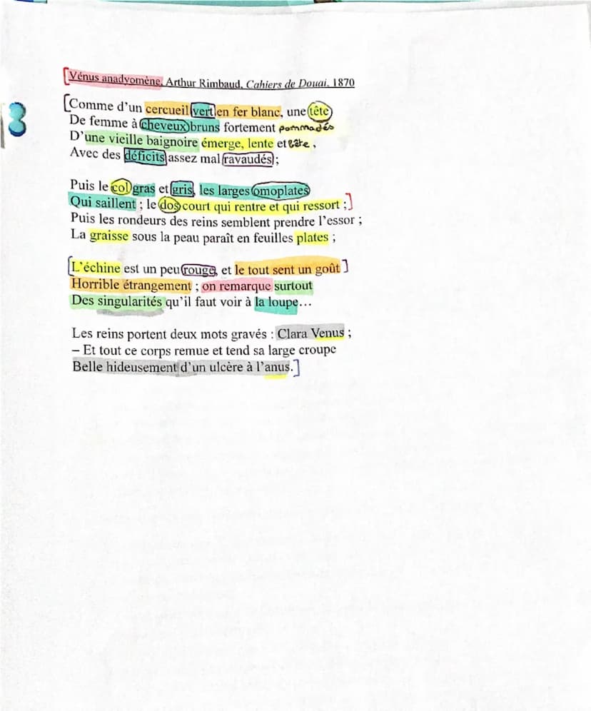 E.L n°12: Vénus Anadyomène
Introduction: Arthur est un poète français du XIXème siècle. Influencé par Verlaine ou Baudelaire il
deviendra un