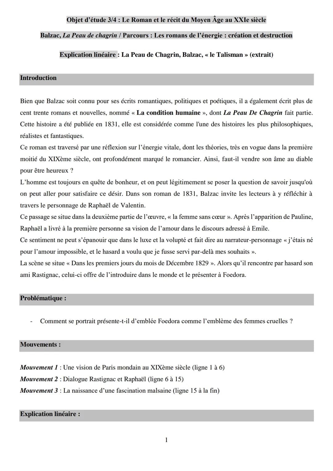 Objet d'étude 3/4 : Le Roman et le récit du Moyen Âge au XXIe siècle
Balzac, La Peau de chagrin / Parcours : Les romans de l'énergie : créat