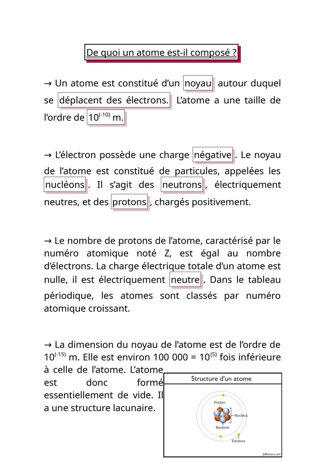 De quoi un atome est-il composé ?
→ Un atome est constitué d'un noyau autour duquel
se déplacent des électrons. L'atome a une taille de
l'or