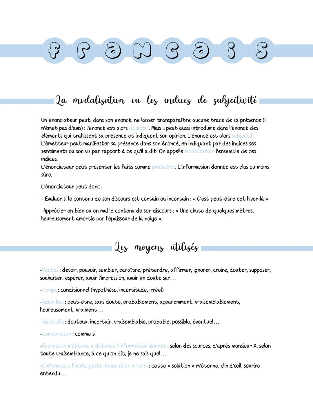 fra
C
ย
8S
12a modalisation ou les indices de subjectivité
Un énonciateur peut, dans son énoncé, ne laisser transparaître aucune trace de sa
