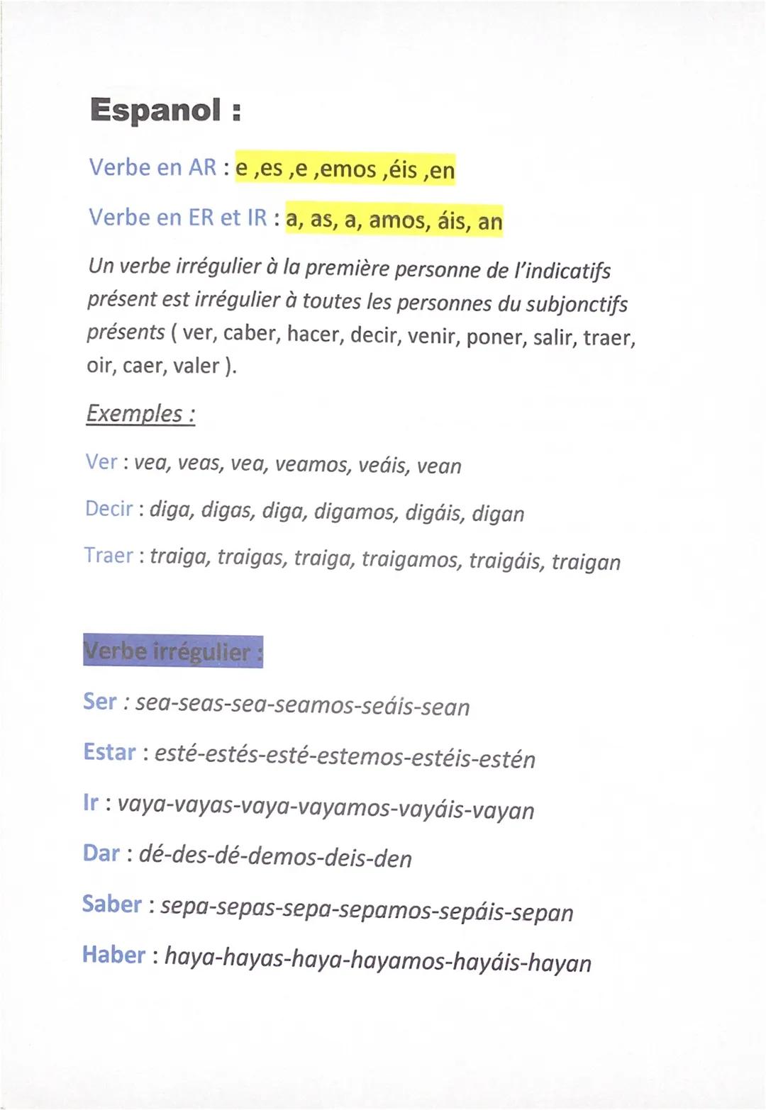 Espanol :
Verbe en AR : e,es,e,emos,éis,en
Verbe en ER et IR : a, as, a, amos, áis, an
Un verbe irrégulier à la première personne de l'indic