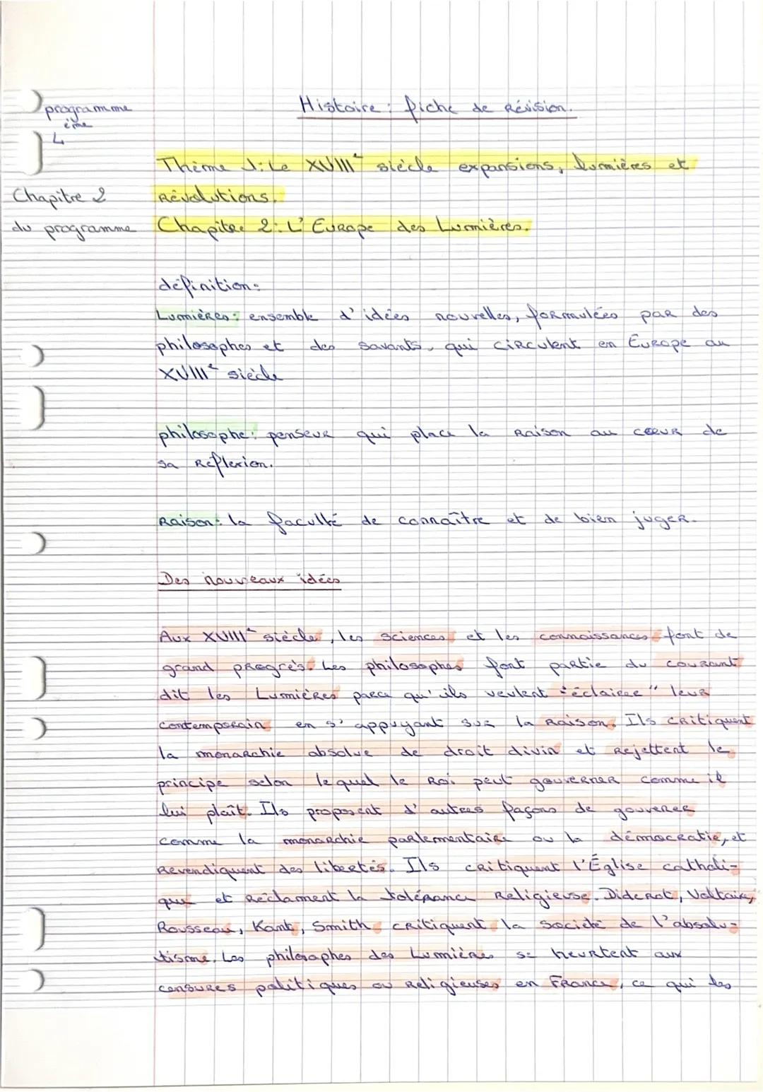 programime
Chapitre 2
Histoire fiche de Révision.
Theme JiLe XVIII slècle expansions, lumières et
Revolutions.
du programme Chapitre 2. L' E