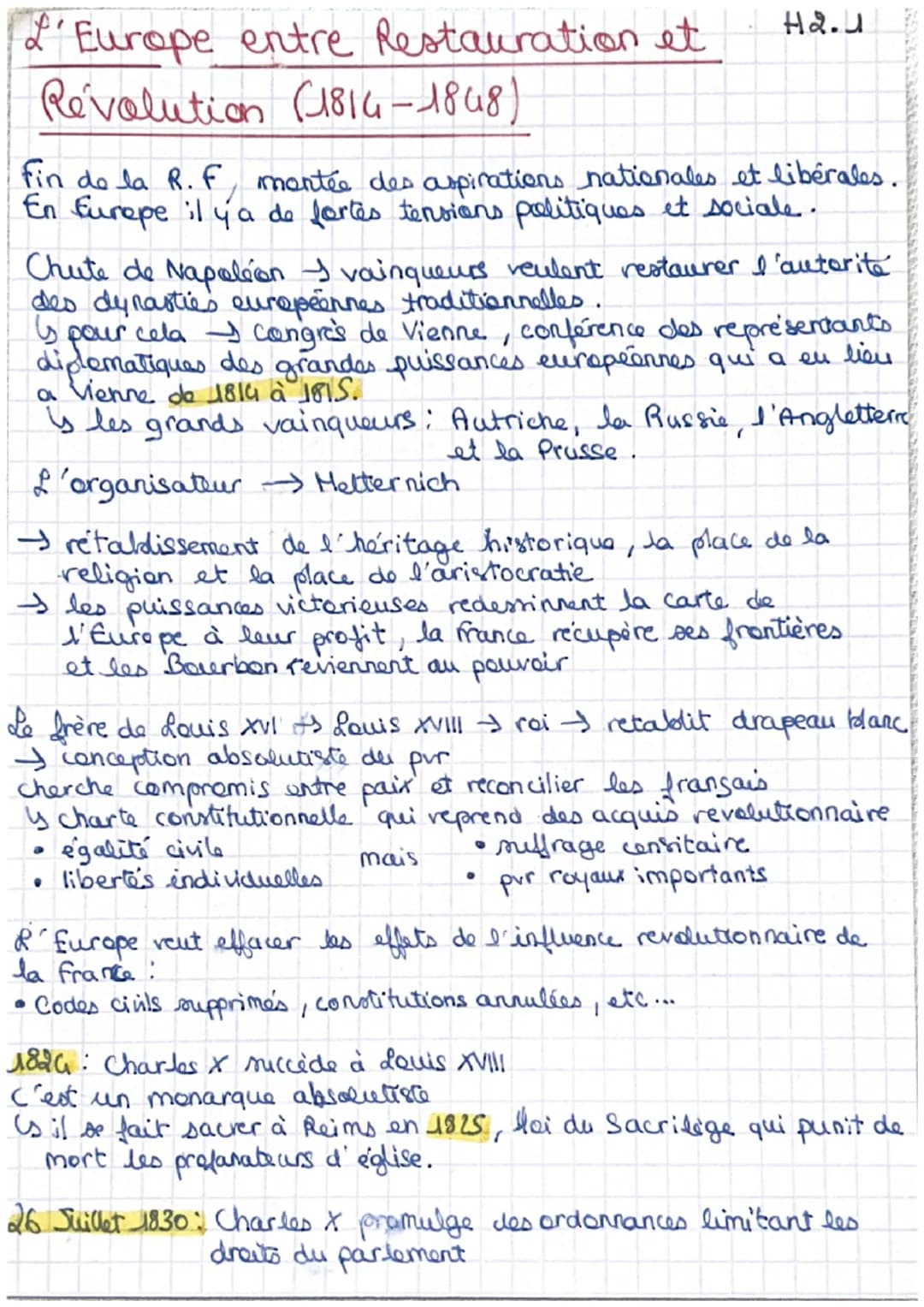 Europe entre Restauration et
Revolution (1814-1848)
H₂.4
fin de la R. F, montée des aspirations nationales et libérales.
En Europe il y a de