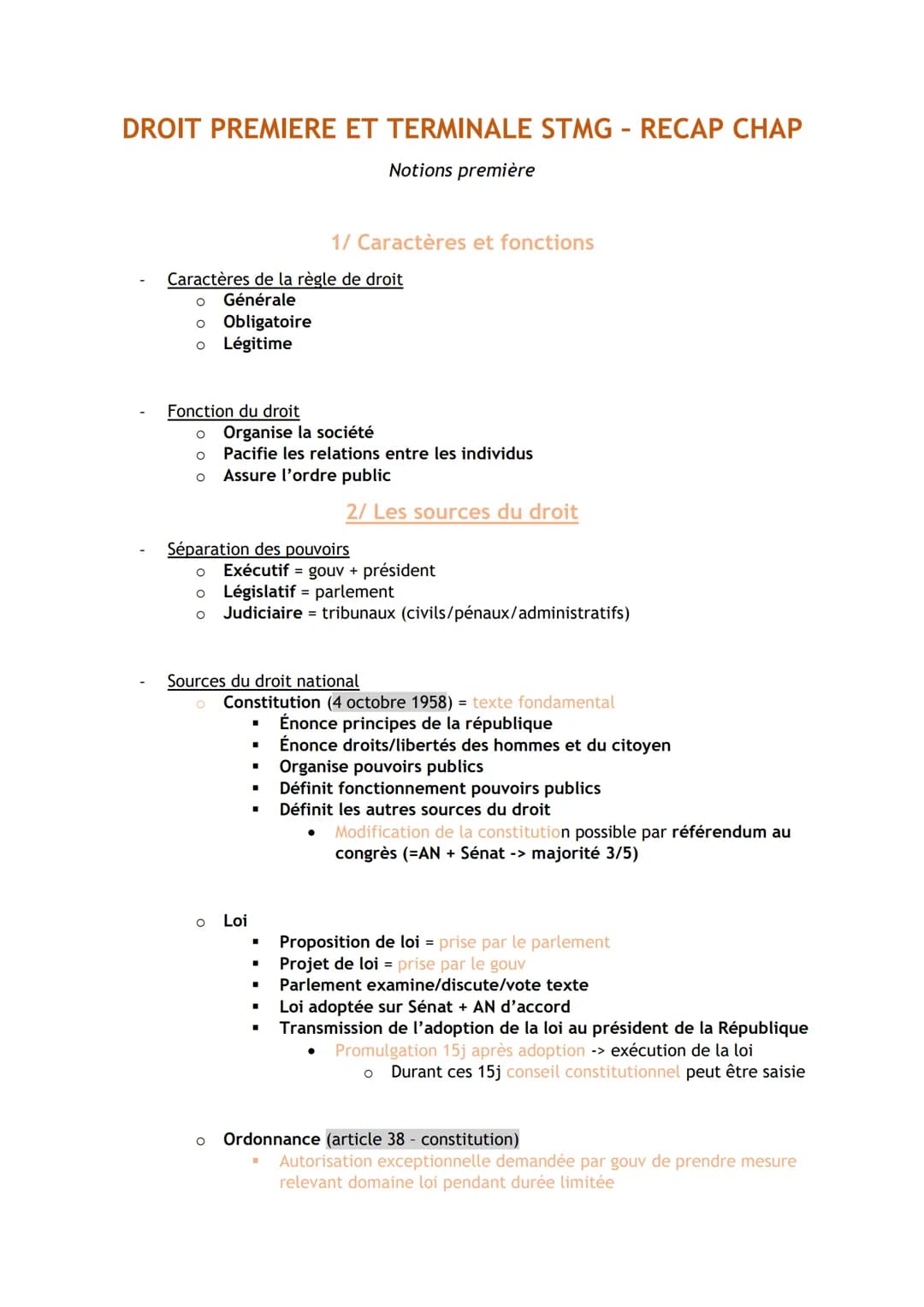 DROIT PREMIERE ET TERMINALE STMG - RECAP CHAP
O Obligatoire
o Légitime
Caractères de la règle de droit
O
Générale
Fonction du droit
O
O
O
Or