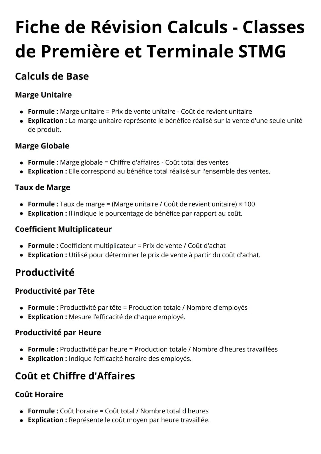 # Fiche de Révision Calculs - Classes
de Première et Terminale STMG

Calculs de Base

Marge Unitaire

* Formule : Marge unitaire = Prix de v