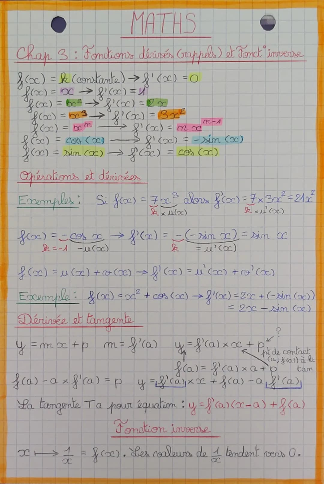 MATHS
Chap 3 : Fonitions dérivés Grappels) et Fonct inverse
>>
f(x) = k (constante) → f'(x) = 0
f(x) = x → f'(x) = 4°
f(x) = bc² → &'(x) = x