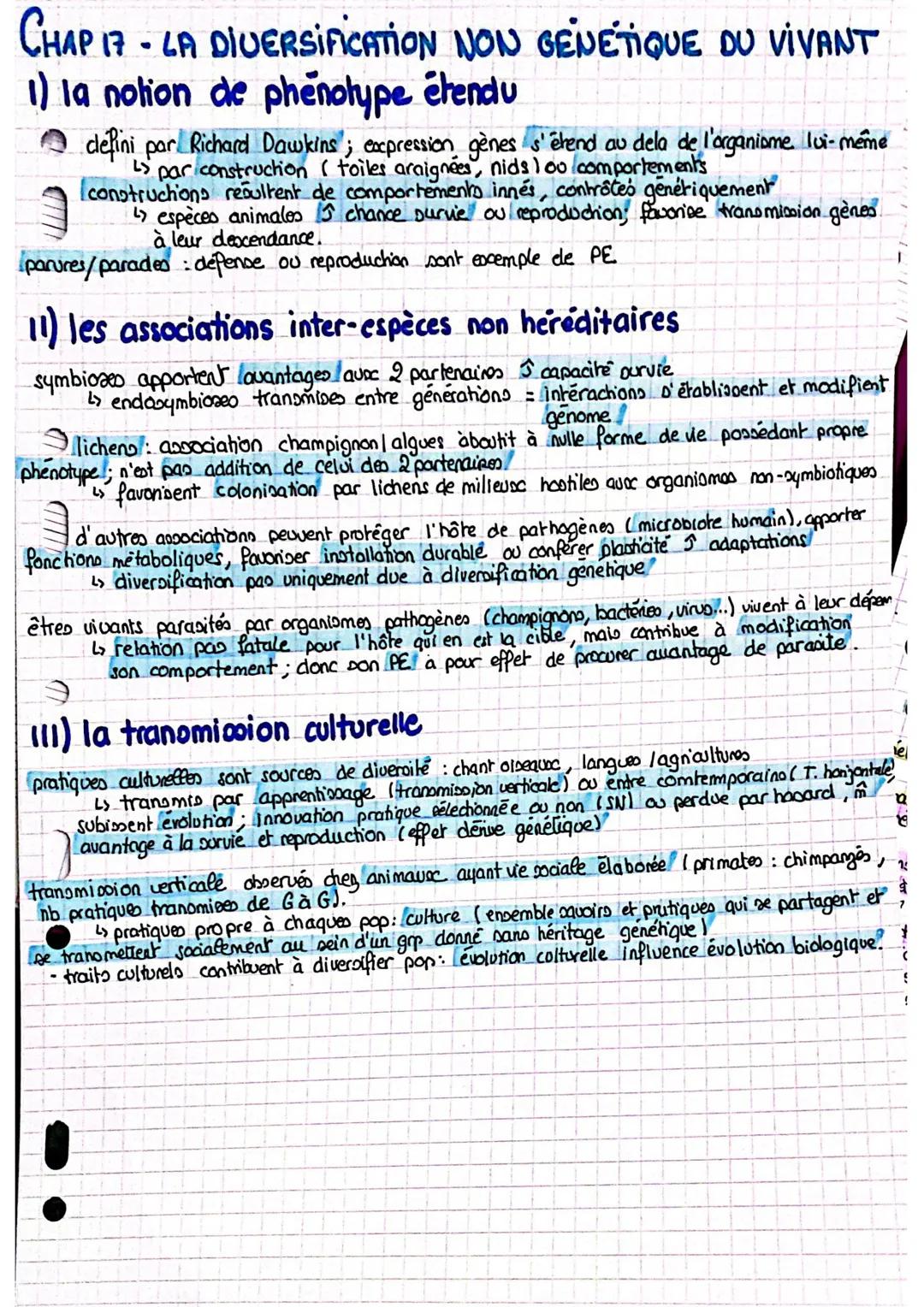 # CHAP 17 - LA DIVERSIFICATION NON GENÉTIQUE DU VIVANT

1) la notion de phenotype étendu

*   defini par Richard Dawkins; expression gènes s