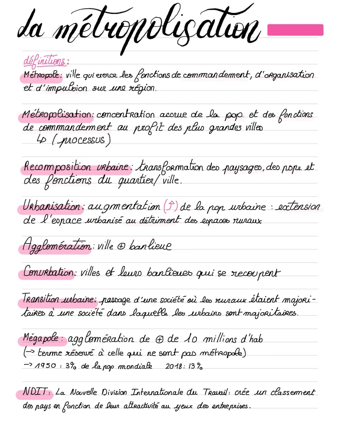 La métropolisation
définitions:
Metropole: ville qui exerce les fonctions de commandement, d'organisation
et d'impulsion sur une région.
Mét