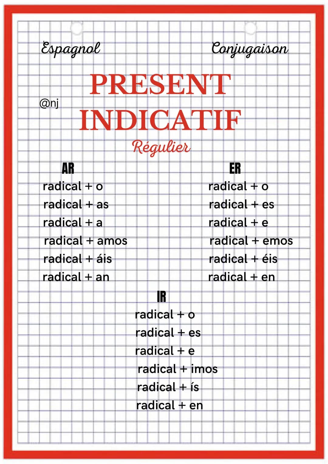 Espagnol
@nj
Conjugaison
PRESENT
INDICATIF
Régulier
AR
radical + o
radical + as
radical + a
radical + amos
radical + áis
radical + an
ER
rad