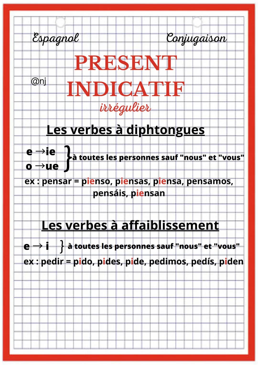 Espagnol
@nj
Conjugaison
PRESENT
INDICATIF
Régulier
AR
radical + o
radical + as
radical + a
radical + amos
radical + áis
radical + an
ER
rad
