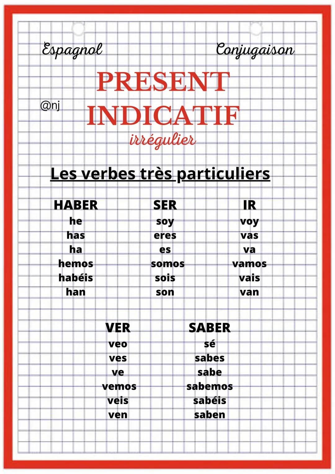 Espagnol
@nj
Conjugaison
PRESENT
INDICATIF
Régulier
AR
radical + o
radical + as
radical + a
radical + amos
radical + áis
radical + an
ER
rad