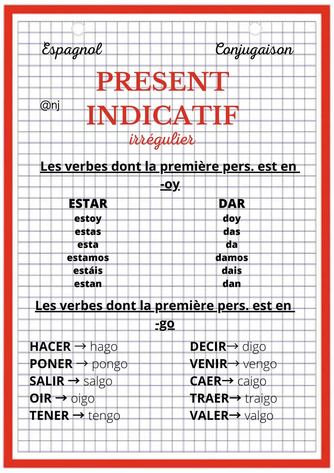 Espagnol
@nj
Conjugaison
PRESENT
INDICATIF
Régulier
AR
radical + o
radical + as
radical + a
radical + amos
radical + áis
radical + an
ER
rad
