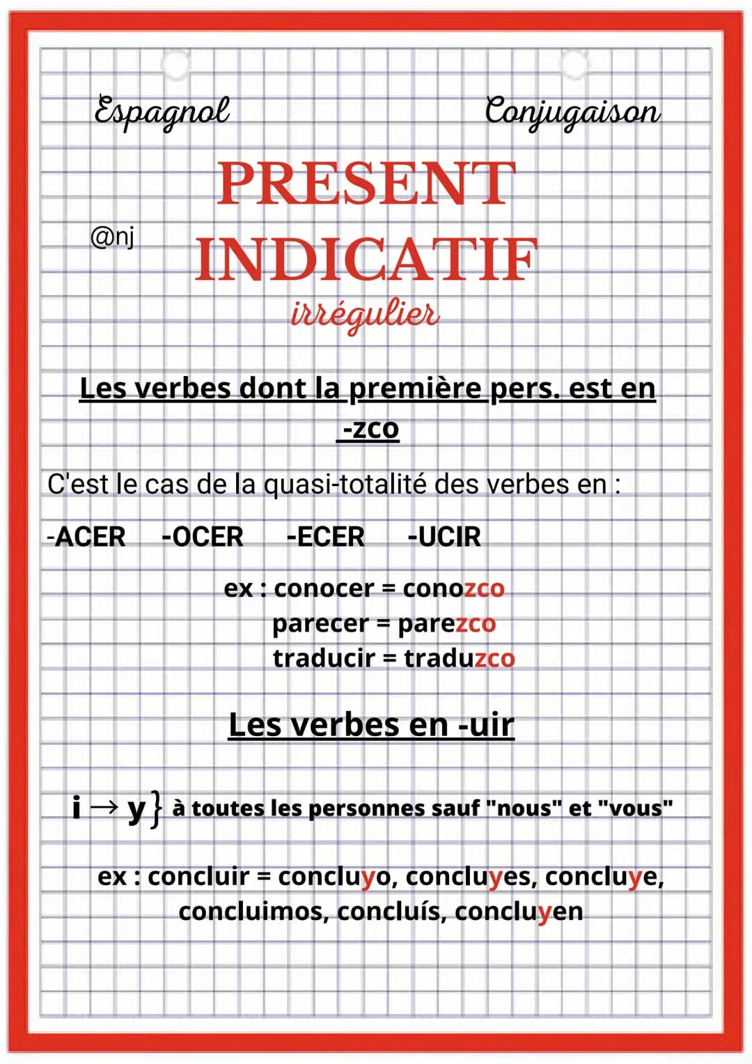 Espagnol
@nj
Conjugaison
PRESENT
INDICATIF
Régulier
AR
radical + o
radical + as
radical + a
radical + amos
radical + áis
radical + an
ER
rad