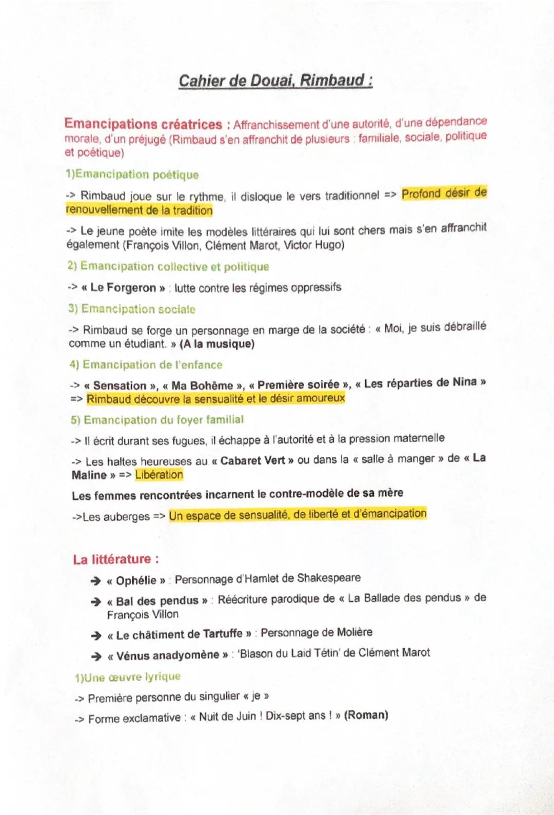 Cahier de Douai, Rimbaud:
Emancipations créatrices: Affranchissement d'une autorité, d'une dépendance
morale, d'un préjugé (Rimbaud s'en aff