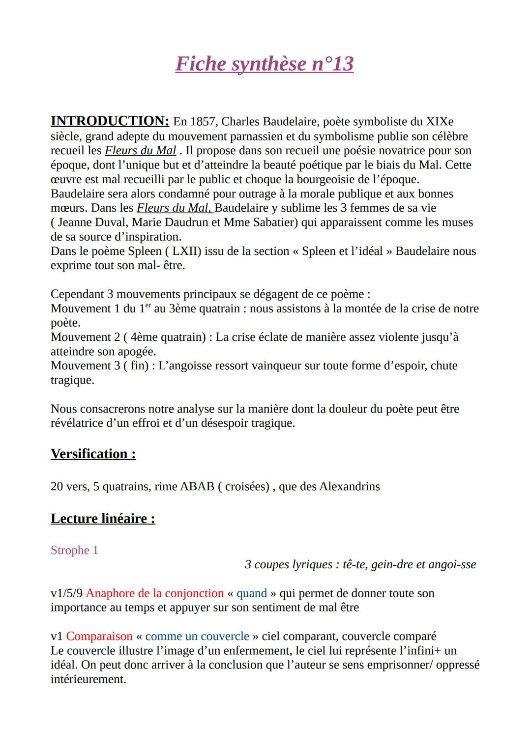 Fiche synthèse n°13
INTRODUCTION: En 1857, Charles Baudelaire, poète symboliste du XIXe
siècle, grand adepte du mouvement parnassien et du s