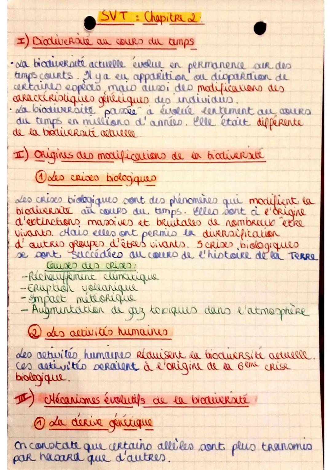 # SVT: Chapitre 2.

I) Biodiversité au cours du temps

- La biodiversité actuelle évolue en permanence our des
temps.courts. Il ya eu appari