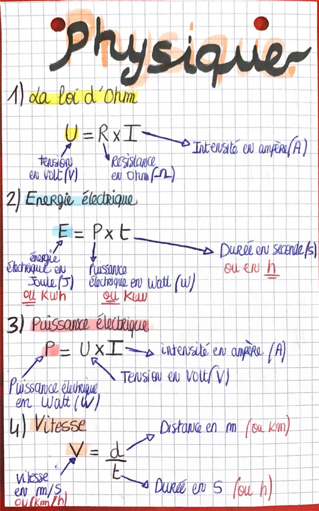 Physique
1) La loi d'Ohm
U=RXI-
tension
en Volt (V)
Resistance
en Ohm (-n)
2) Energie électrique
E = Pxt
"Intensité en ampère (A)
enegle
éle