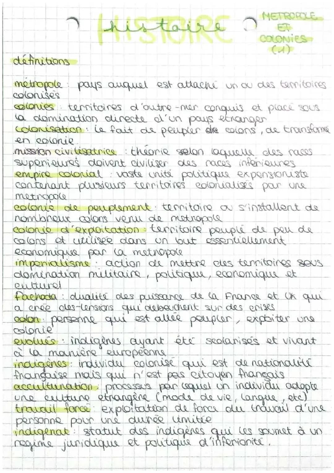 fiche histoire métropole et colonie 