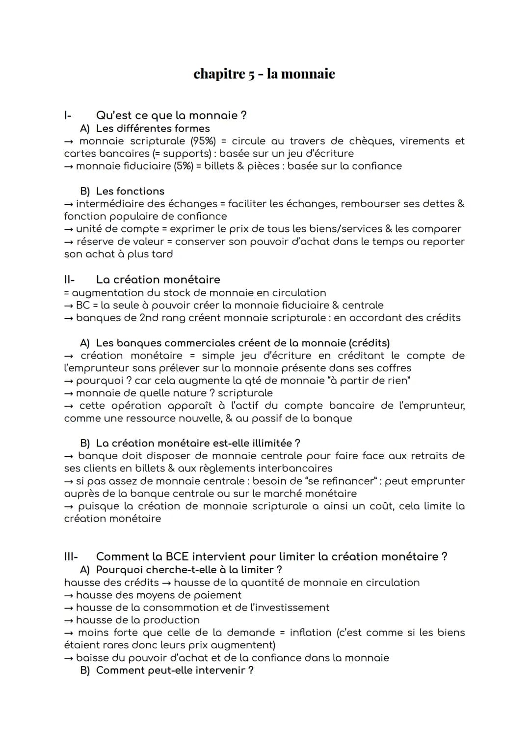 |-
chapitre 5 - la monnaie
Qu'est ce que la monnaie ?
A) Les différentes formes
→ monnaie scripturale (95%) = circule au travers de chèques,