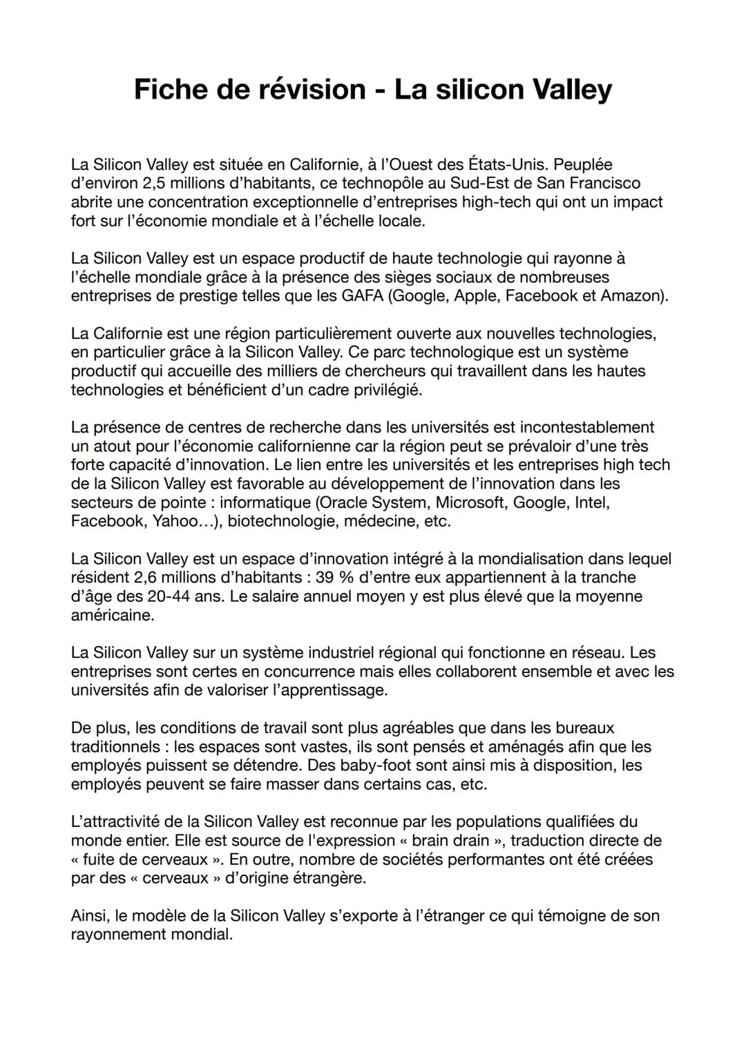 Fiche de révision - La silicon Valley
La Silicon Valley est située en Californie, à l'Ouest des États-Unis. Peuplée
d'environ 2,5 millions d