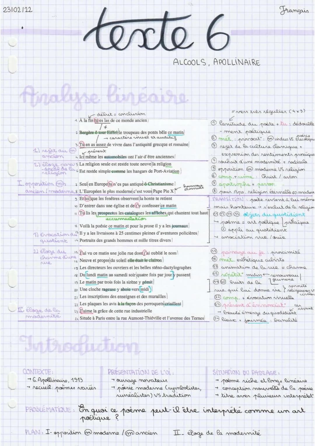 23102/22
Analyse luréaire
1) rejet au m
ancion
I. opposition m
texte 6
2 Bergère ô tour Eiffel le troupeau des ponts bêle ce matin
→ caractè