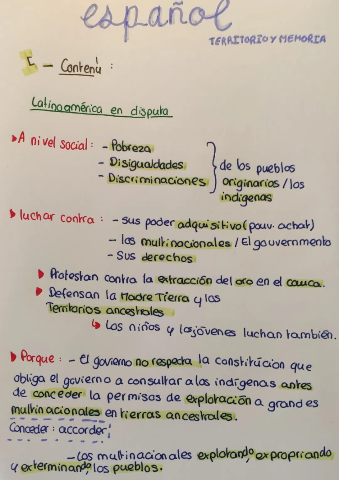 C
español
• Contenu :
Latinoamérica en disputa
A nivel social: - Pobreza
1
• Disigualdades
-Discriminaciones
TERRITORIO Y MEMORIA
de los pue