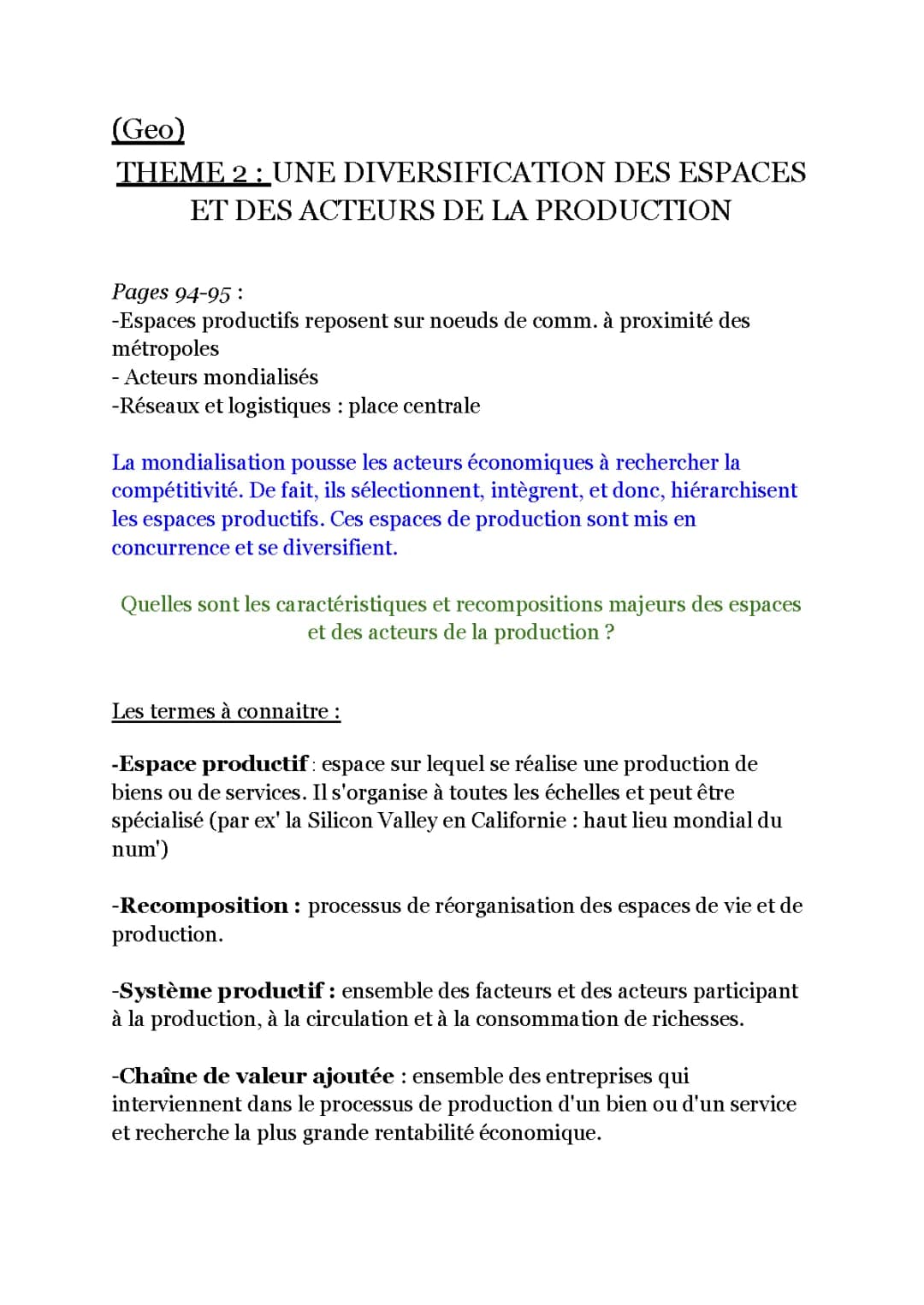 Une diversification des espaces et des acteurs de la production : Fiche de révision et évaluation