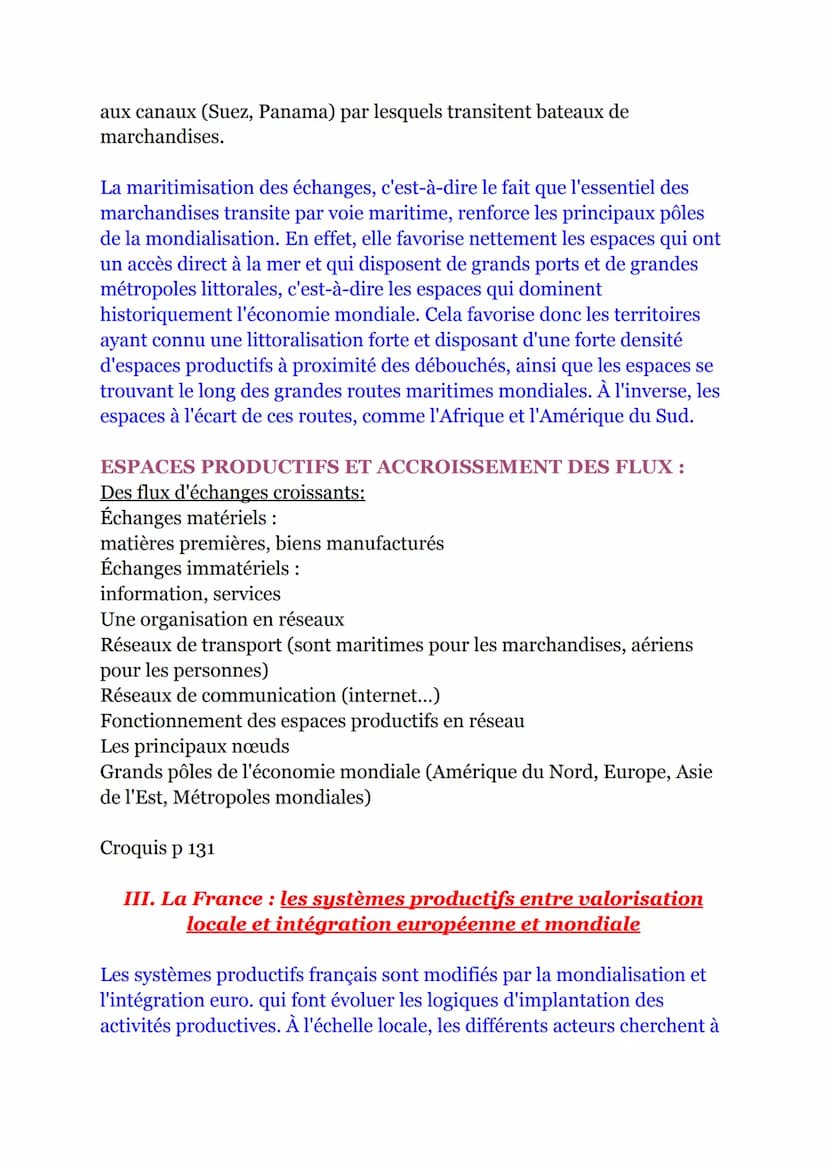 (Geo)
THEME 2 UNE DIVERSIFICATION DES ESPACES
ET DES ACTEURS DE LA PRODUCTION
Pages 94-95:
-Espaces productifs reposent sur noeuds de comm.à