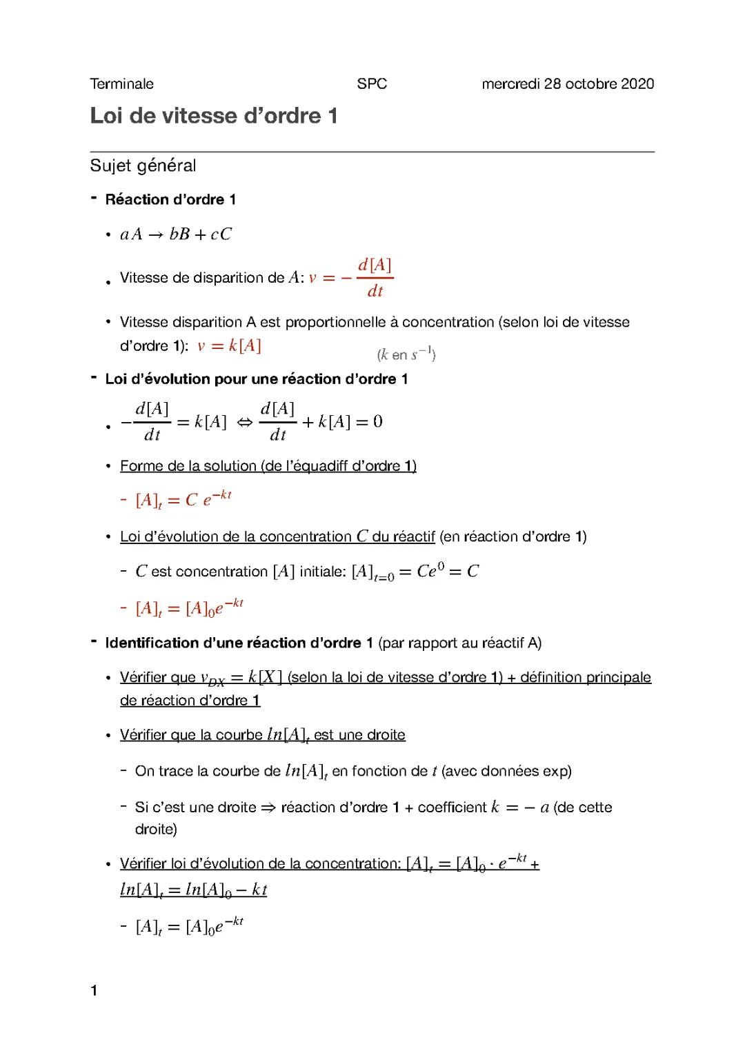 Cours de Chimie: Loi de Vitesse d'Ordre 1 et 2 - Formules et Exemples