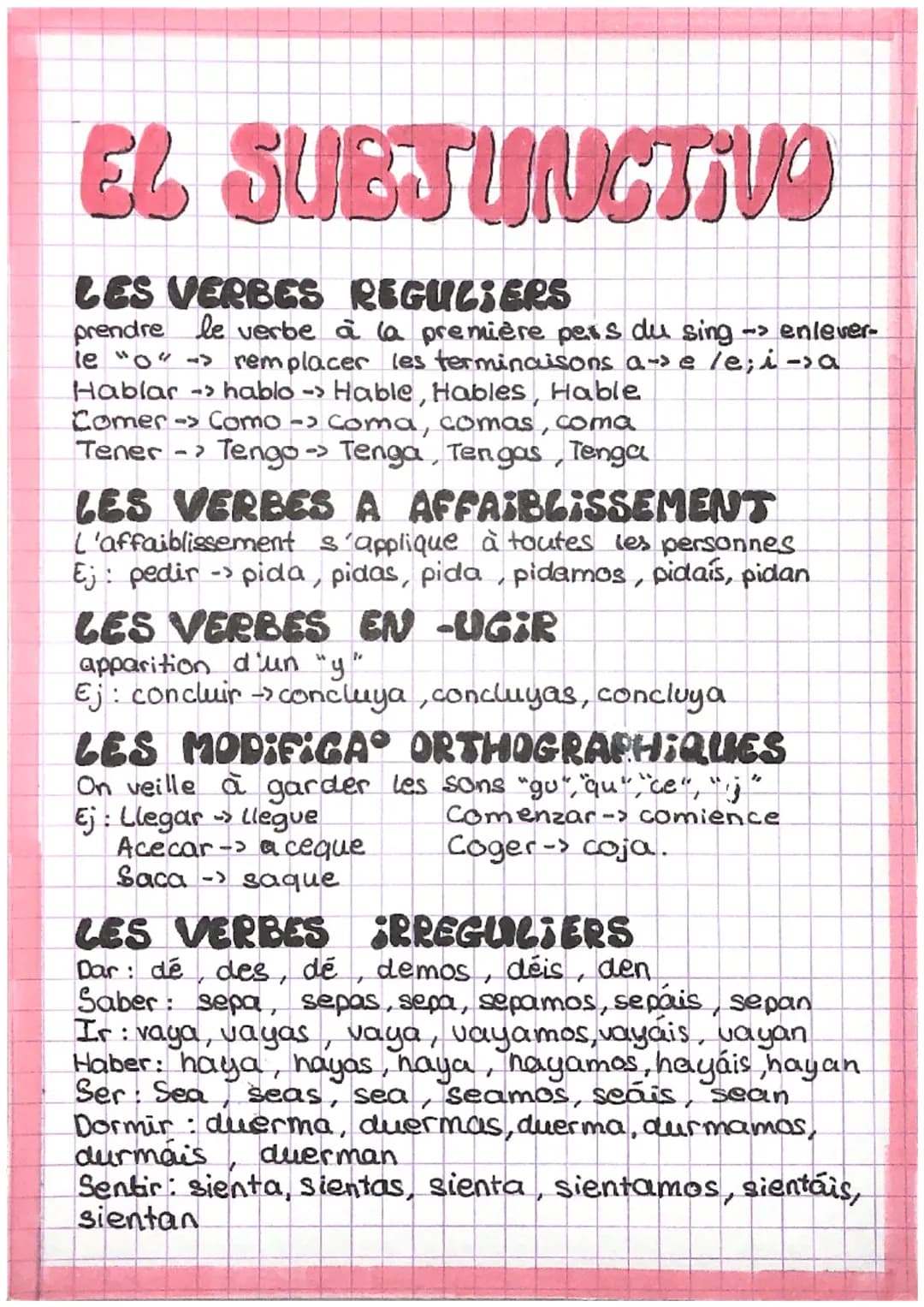 EL SUBJUNCTIVO
LES VERBES REGULIERS
prendre le verbe à la première pers du sing -> enlever-
le "o" -> remplacer les terminaisons a-³e /e; i-