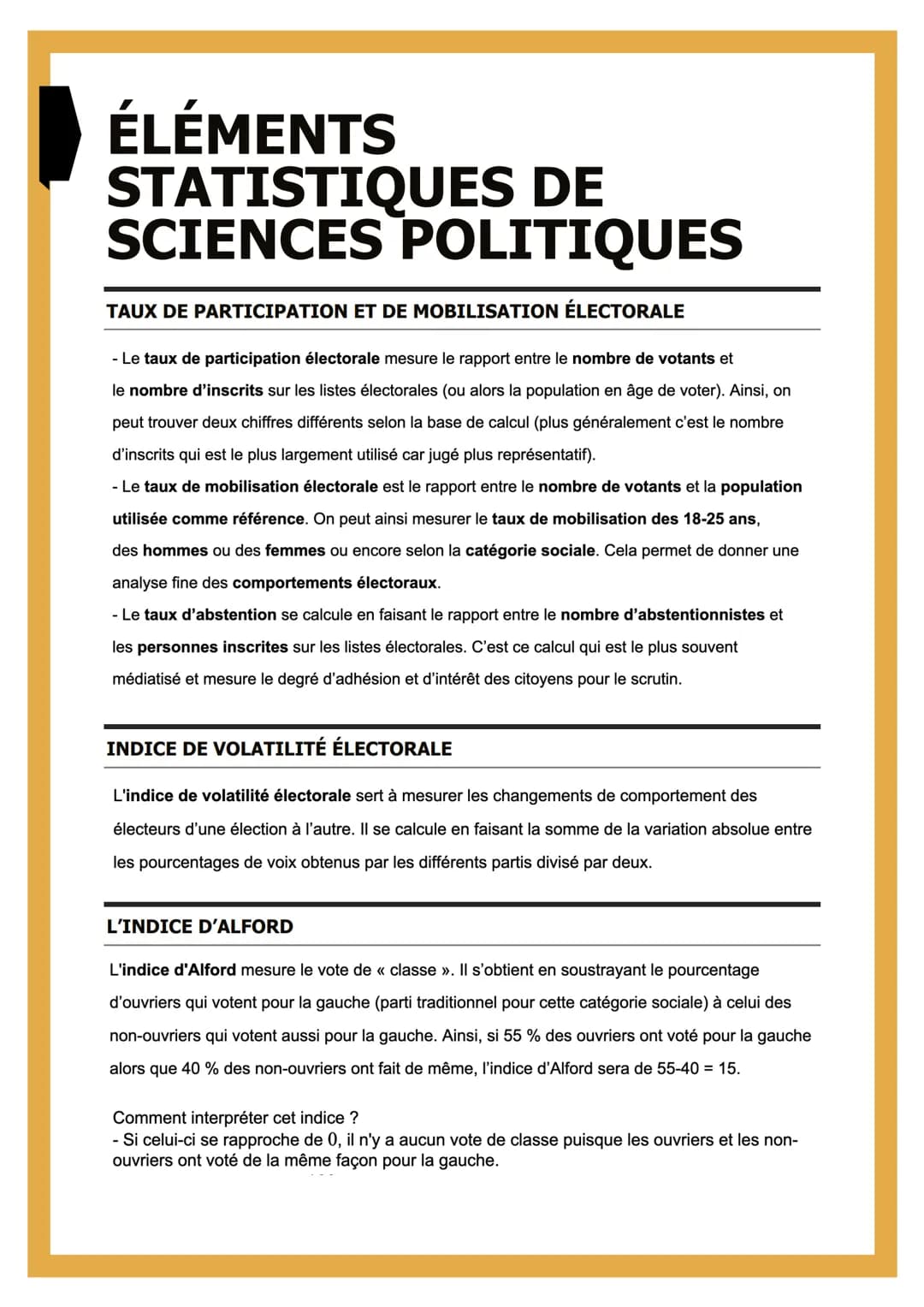 ÉLÉMENTS
STATISTIQUES DE
SCIENCES POLITIQUES
TAUX DE PARTICIPATION ET DE MOBILISATION ÉLECTORALE
- Le taux de participation électorale mesur