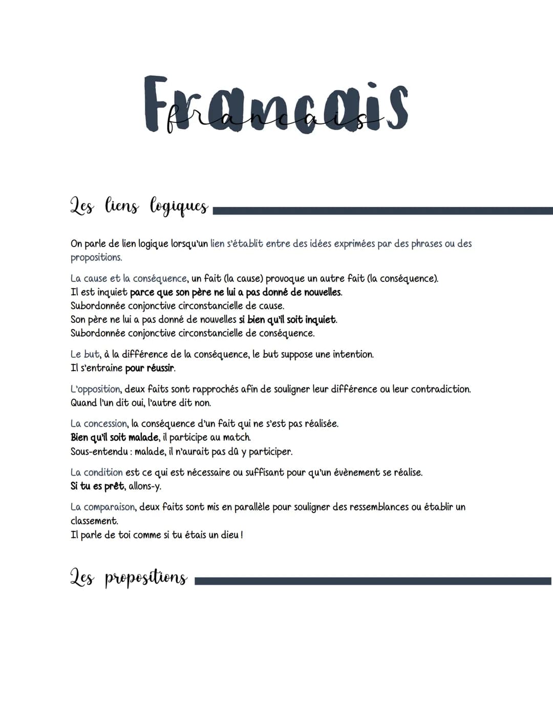 Francais
Les liens logiques
On parle de lien logique lorsqu'un lien s'établit entre des idées exprimées par des phrases ou des
propositions.