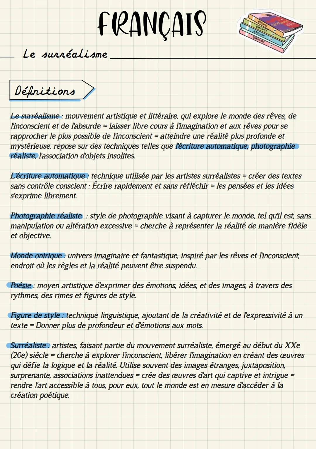 # FRANÇAIS

Le surréalisme

Définitions

Le surréalisme: mouvement artistique et littéraire, qui explore le monde des rêves, de
l'inconscien