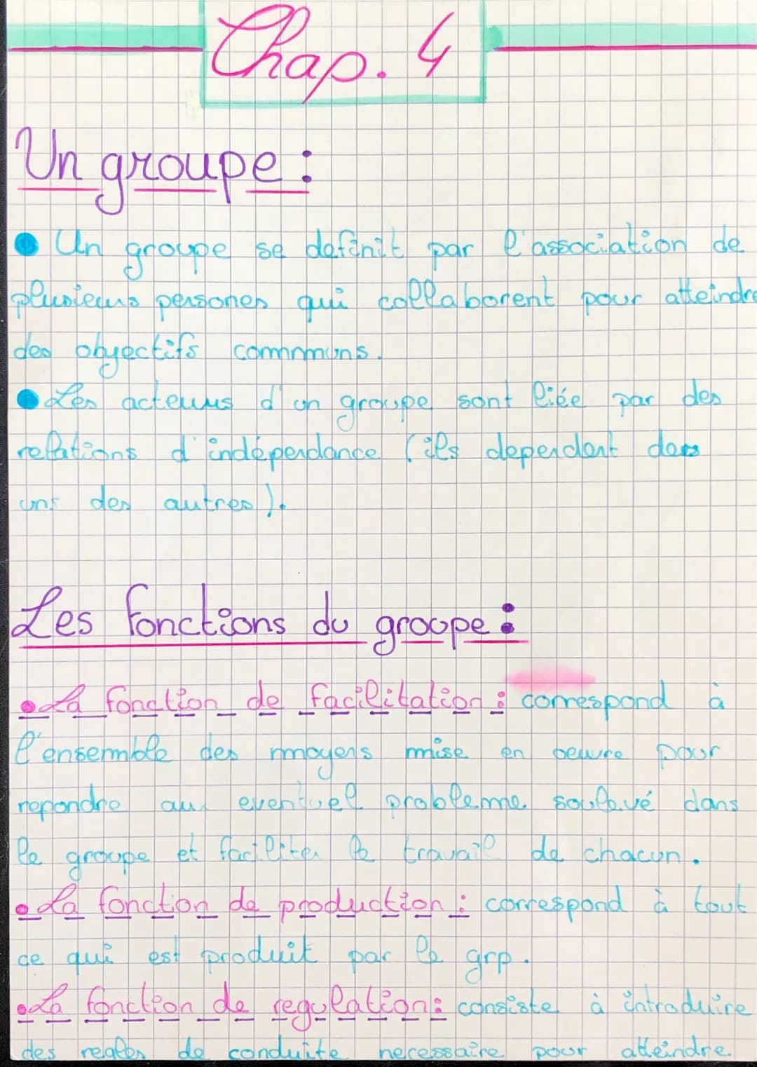 Chap 4
Un groupe :
• Un groupe se definit par l'association de
plusieurs persones qui collaborent pour atteindre
des objectifs communs
Les a