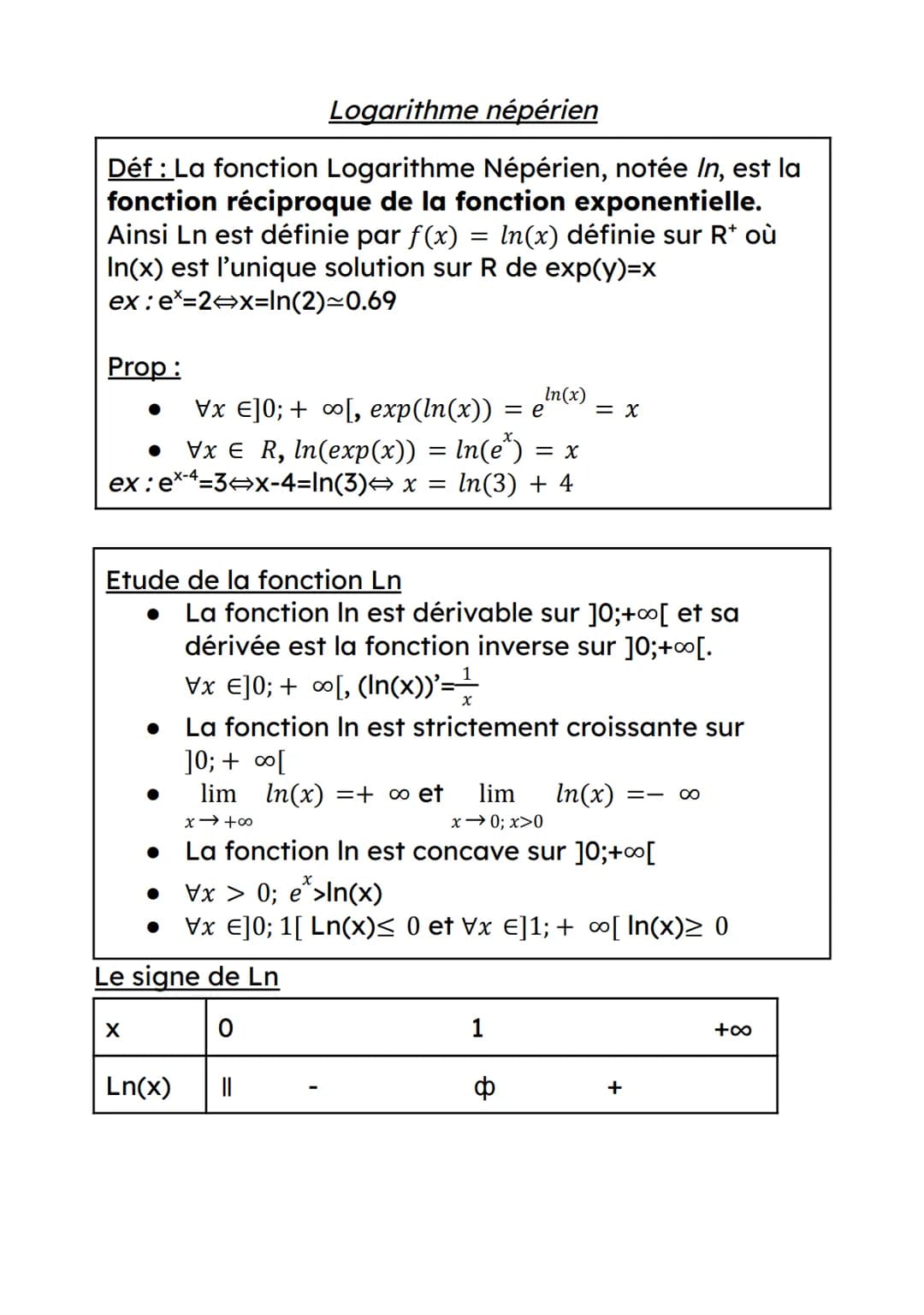 Logarithme népérien
Déf : La fonction Logarithme Népérien, notée In, est la
fonction réciproque de la fonction exponentielle.
Ainsi Ln est d