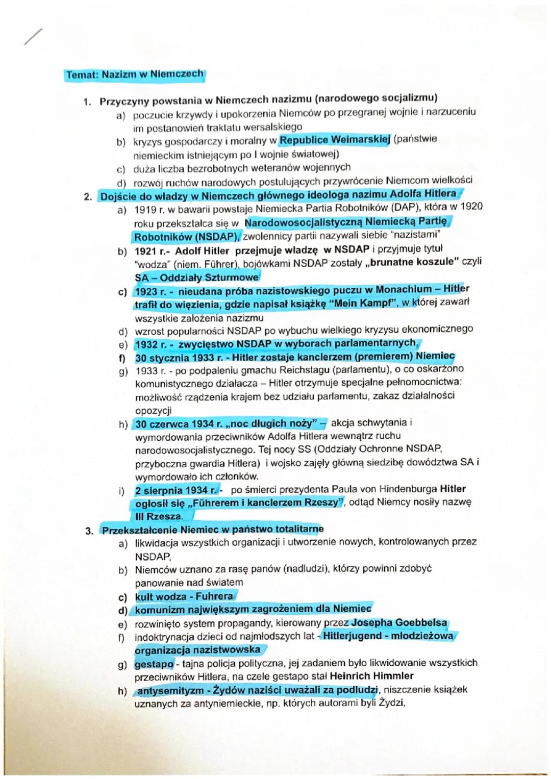 # Temat: Nazizm w Niemczech

1. Przyczyny powstania w Niemczech nazizmu (narodowego socjalizmu)
   a) poczucie krzywdy i upokorzenia Niemców