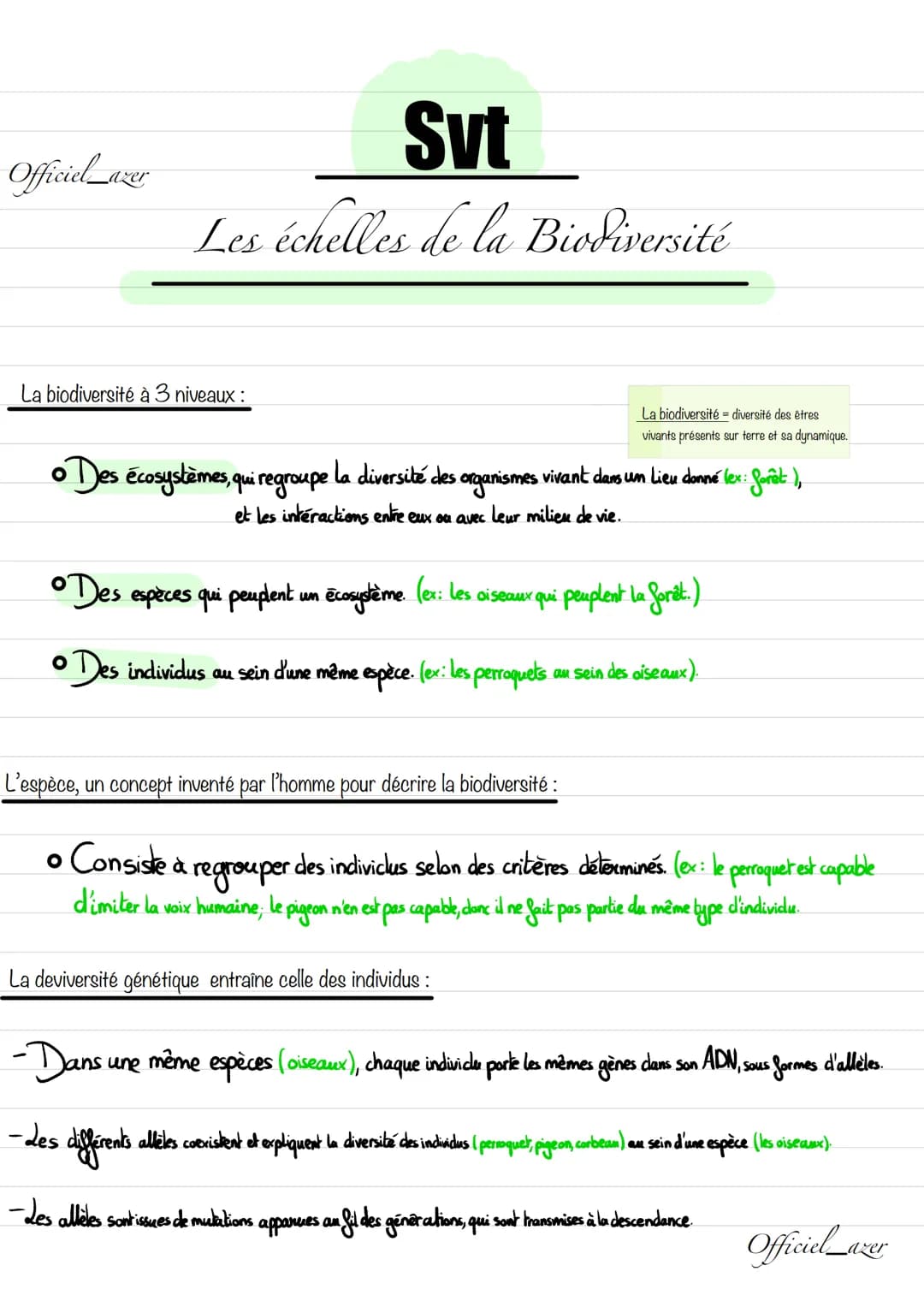 Officiel_azer
Svt
Les échelles de la Biodiversité
La biodiversité à 3 niveaux :
La biodiversité diversité des êtres
vivants présents sur ter