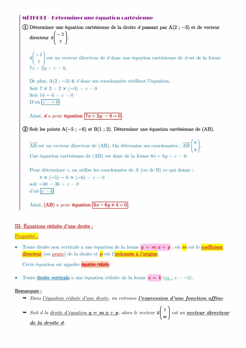 Chapitre 12 Équations de droites
Dans tout ce chapitre, le plan est muni d'un repère orthonormé (0 ; i; }).
I- Vecteur directeur à une droit