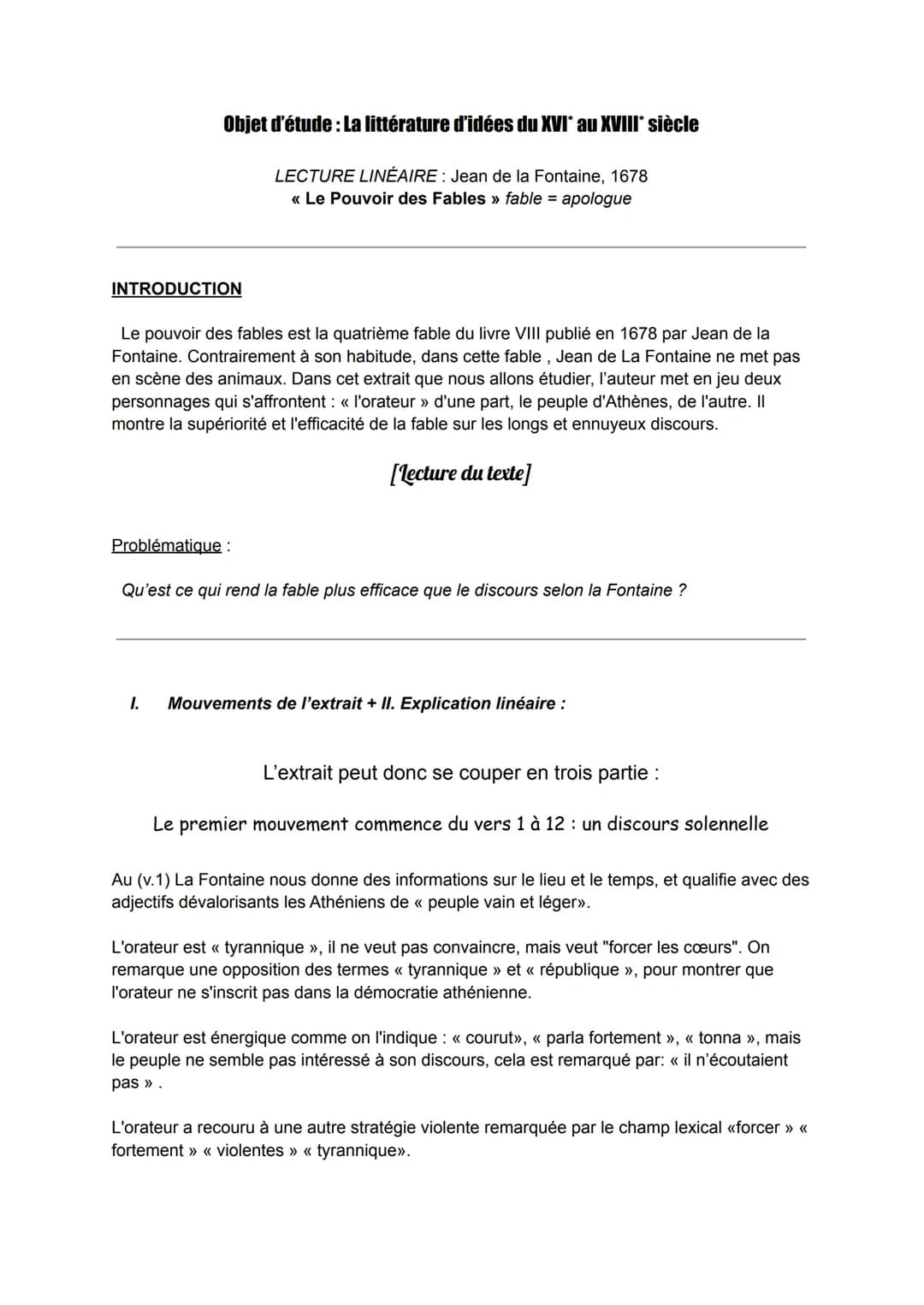 Objet d'étude: La littérature d'idées du XVI* au XVIII* siècle
INTRODUCTION
Le pouvoir des fables est la quatrième fable du livre VIII publi