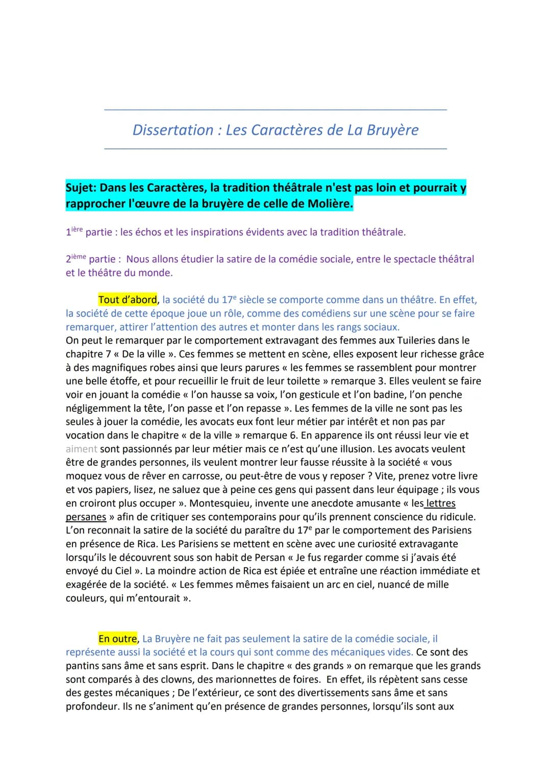 Dissertation: Les Caractères de La Bruyère
Sujet: Dans les Caractères, la tradition théâtrale n'est pas loin et pourrait y
rapprocher l'œuvr