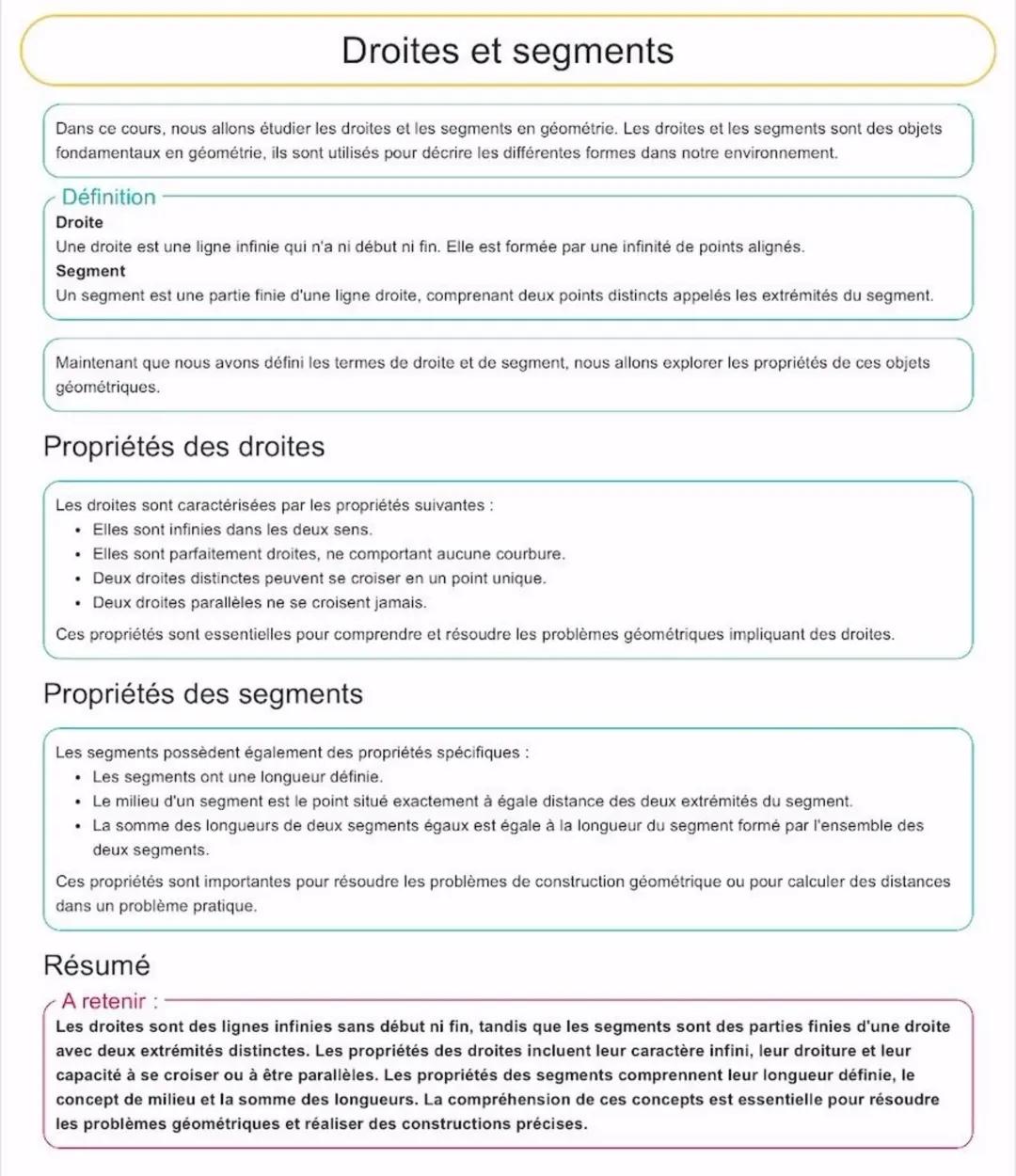Droites et segments
Dans ce cours, nous allons étudier les droites et les segments en géométrie. Les droites et les segments sont des objets
