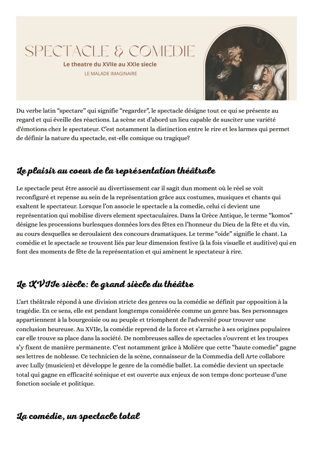 SPECTACLE & COMEDIE
Le theatre du XVIIe au XXIe siecle
LE MALADE IMAGINAIRE
4
Du verbe latin "spectare” qui signifie "regarder", le spectacl