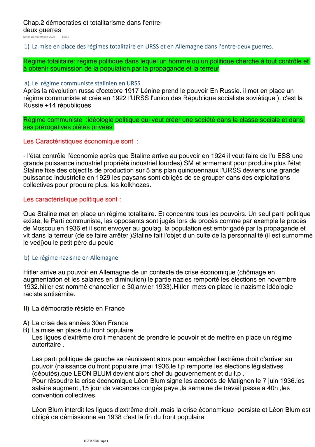 Chap.2 démocraties et totalitarisme dans l'entre-
deux guerres
lundi 18 novembre 2024 15:39
1) La mise en place des régimes totalitaire en U